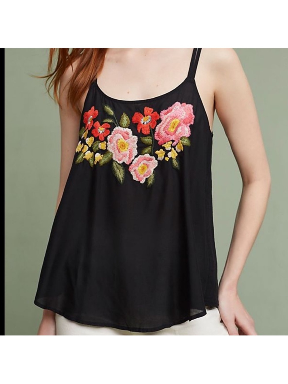 Anthropologie Floral Embroidered Black Spaghetti-Strap Cami Large
